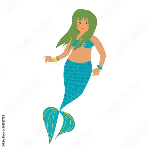 Cute green hair mermaid. Flat vector illustration