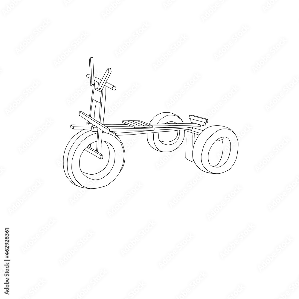 Beautiful hand-drawn black vector illustration of a wooden bike for children isolated on a white background Beautiful hand-drawn black vector illustration of a wooden bike for children isolated on a white background