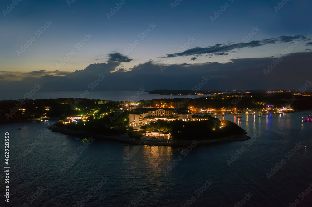 An aerial view of Park Plaza hotel at dusk, Pula, Istria, Croatia