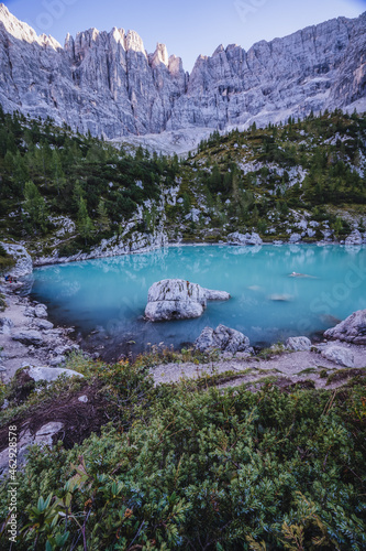 Beautiful turquoise mountain Sorapiss lake in Dolomites, Italy photo