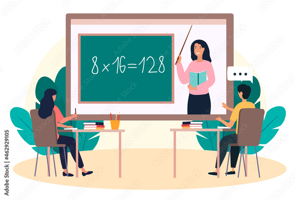 Online lesson concept. Boy and girl sitting at their desks and listening to teacher. Remote education. Mathematics by video link. Cartoon modern flat vector illustration isolated on white background Online lesson concept. Boy and girl sitting at their desks and listening to teacher. Remote education. Mathematics by video link. Cartoon modern flat vector illustration isolated on white background