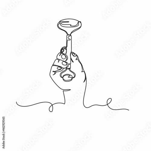 Continuous one line drawing of hand holding in massage tool flawless skin lifting in silhouette on a white background. Linear stylized.
