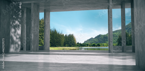 Empty space for products show in concrete hallway with nature background.3D rendering.