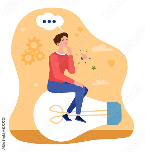 Concept of new idea. Man sits on big light bulb and thinks about solving problem and promoting business. Creative thinking. Cartoon modern flat vector illustration isolated on white background