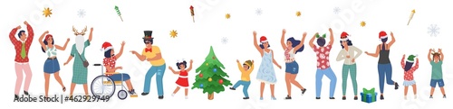 Happy people celebrating Christmas party, dancing and having fun, flat vector isolated illustration.
