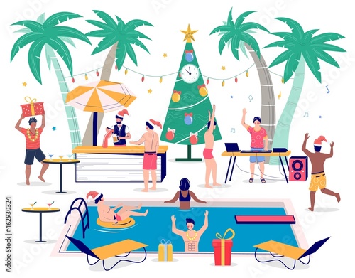 Tropic Christmas pool party. People in Santa hats swimming, drinking beer, dancing. Tropical winter vacation, vector.