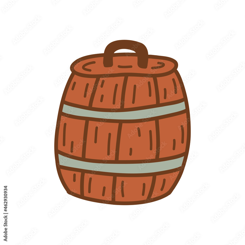 Wooden barrel with lid, tub. Container for storing drinks. Colorful vector isolated illustration hand drawn single Wooden barrel with lid, tub. Container for storing drinks. Colorful vector isolated illustration hand drawn single