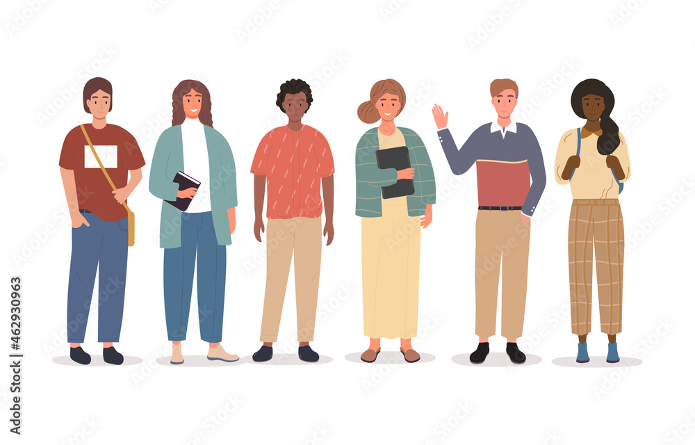 Fototapeta premium Young people set. Group of cheerful and kind people standing and waving, greeting, international. Employees glad to see new colleague. Cartoon flat vector illustration isolated on white background