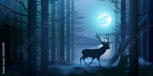 Silhouette of a Deer in Near a Trees at Foggy Night. Illustration of Landscape with Wild Forest, Trees, Hills, and Lake under Night Sky with Full Moon