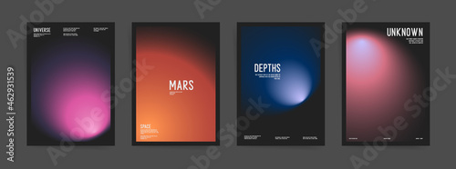 Set of futuristic poster covers with circular gradient black background. Trendy modern a4 vertical design. Minimal templates for posters, book covers, placards, presentation, flyers. Sci fi vector.