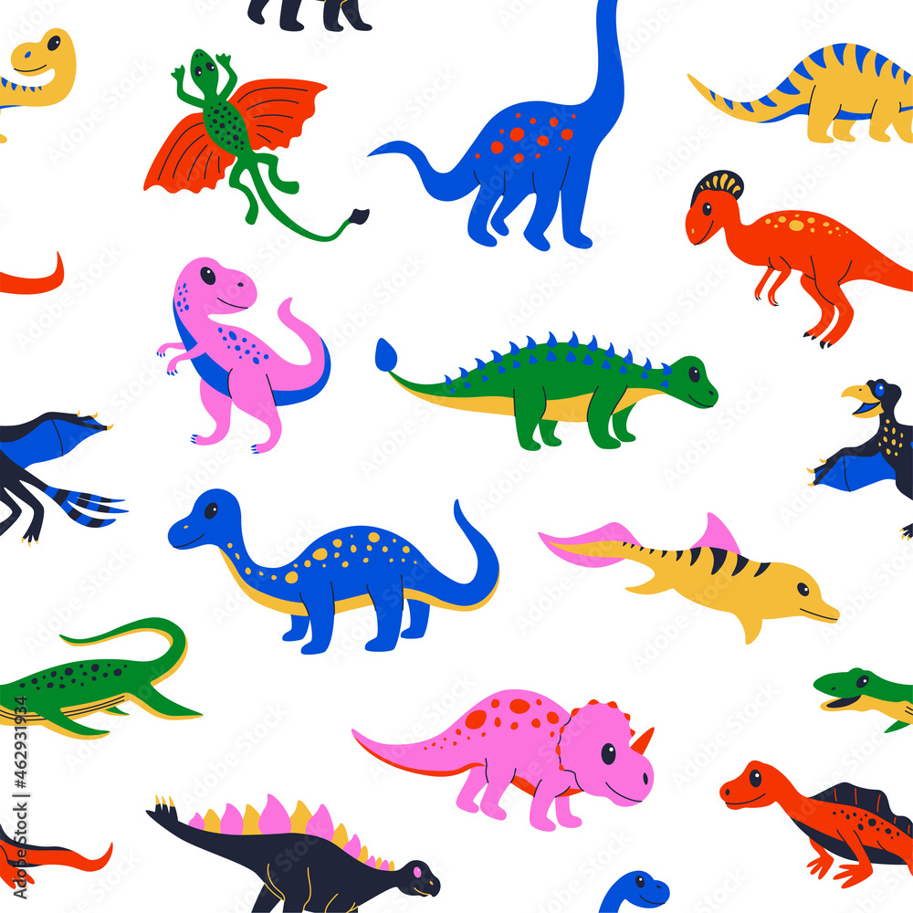 Dinosaur pattern. Seamless print with cute colourful prehistoric reptiles for kid illustration. Vector funny Jurassic lizard texture Dinosaur pattern. Seamless print with cute colourful prehistoric reptiles for kid illustration. Vector funny Jurassic lizard texture