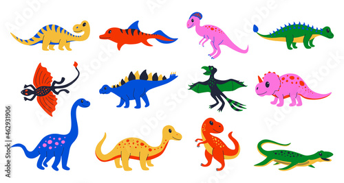 Cartoon dinosaurs. Cute doodle Jurassic lizard, colourful prehistoric reptiles. Vector ancient predators and herbivores. Vector isolated set © Natalia