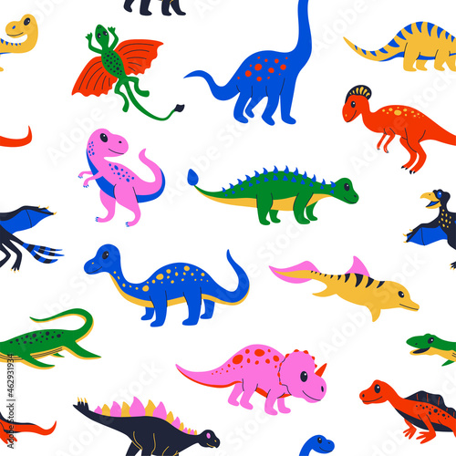 Dinosaur pattern. Seamless print with cute colourful prehistoric reptiles for kid illustration. Vector funny Jurassic lizard texture