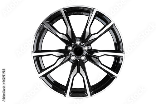 Car alloy wheel isolated on white background. New alloy wheel for a car on a white background. Alloy rim isolated. Car wheel disc.