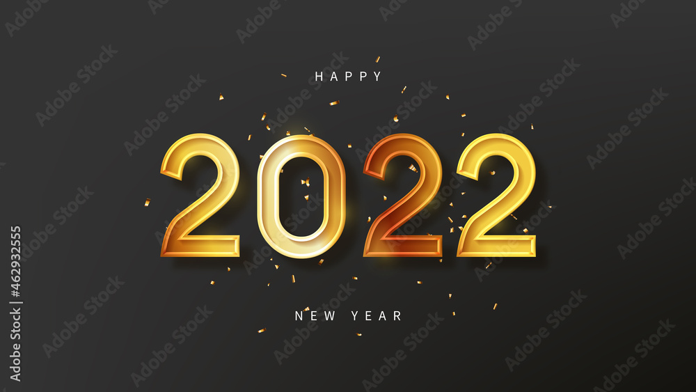 2022 Happy New Year holiday banner. Vector illustration with New Year golden number and confetti on dark background. Holiday greeting banner.