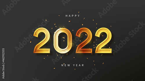 2022 Happy New Year holiday banner. Vector illustration with New Year golden number and confetti on dark background. Holiday greeting banner.