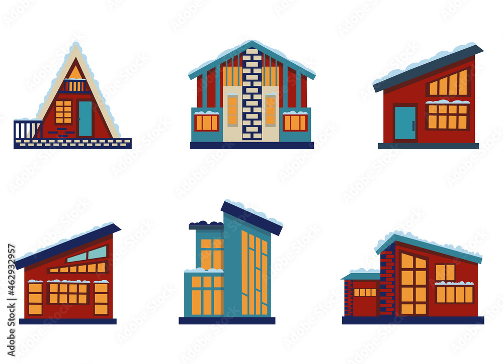 Set of isolated decorated buildings for christmas and new year. winter architecture Set of isolated decorated buildings for christmas and new year. winter architecture