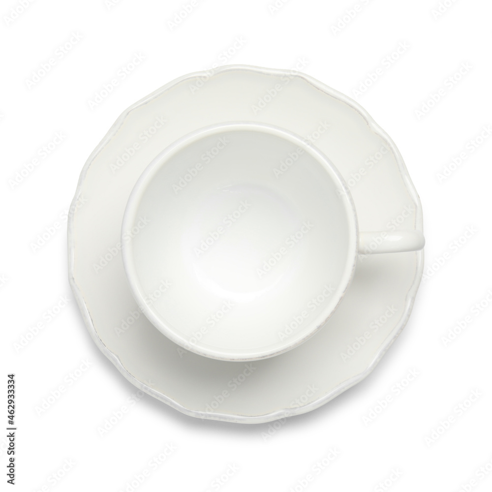 Empty ceramic cup and saucer isolated on white, top view Empty ceramic cup and saucer isolated on white, top view