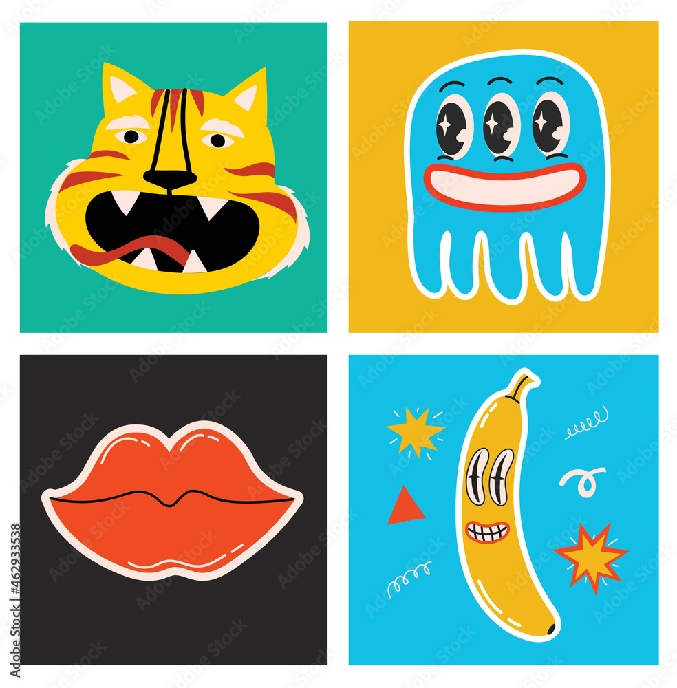 Big Set of Different colored Vector illustartion posters in Cartoon Flat design. Hand drawn Abstract shapes, funny Comic characters.