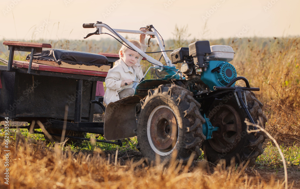 Obraz premium funny little boy on walk-behind tractor in field
