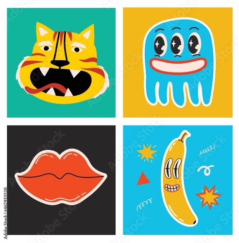 Big Set of Different colored Vector illustartion posters in Cartoon Flat design. Hand drawn Abstract shapes  funny Comic characters.