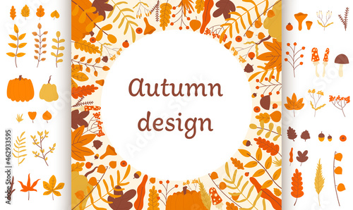 Autumn round design vector illustration. Cartoon pumpkin food harvest, flowers, red orange tree leaf and acorn, mushroom in simple wreath border frame of fall circle card for autumn season background