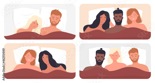 Bisexual couple people sleep in bed and hug vector illustration set. Cartoon man woman characters sleeping at night, partners lying on pillow under blanket together, bedroom top view background