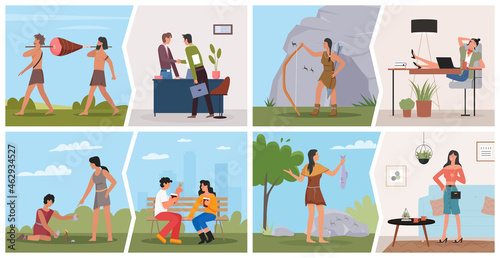Lifestyle comparison of caveman and modern man woman set vector illustration. Cartoon office partners shaking hands, businesswoman at coffee break, primitive characters hunting, life scene background