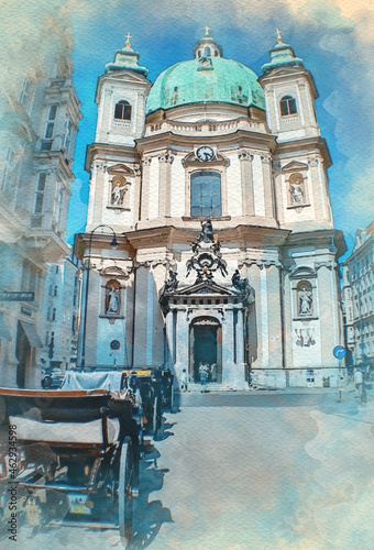 Photography Watercolor pattern of Vienna Austria colorful illustration card the Peters Churc
