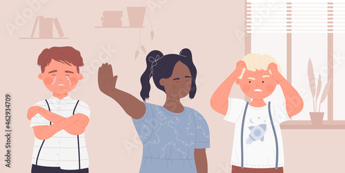 Kids bully, abuse friends students vector illustration. Cartoon victim boy child character crying, girl showing stop gesture to bullying at school, childhood bad behavior problem scene background