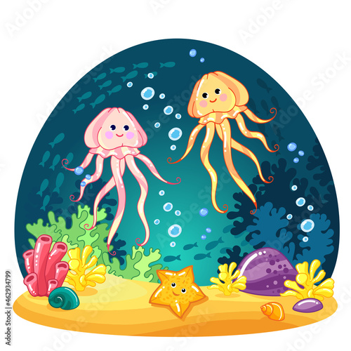 Jellyfish, starfish, coral reef. drawn Cute characters. cartoon Vector illustrations
