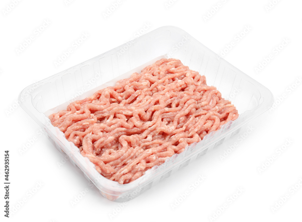 Raw chicken minced meat in container isolated on white Raw chicken minced meat in container isolated on white