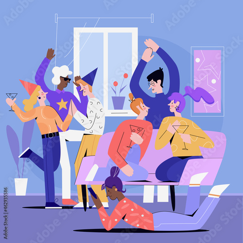 Photography Home fun party with dancing people friends vector illustration