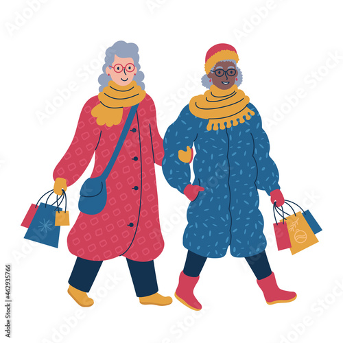 Two women shopping together in winter. Isolated vector illustration.
