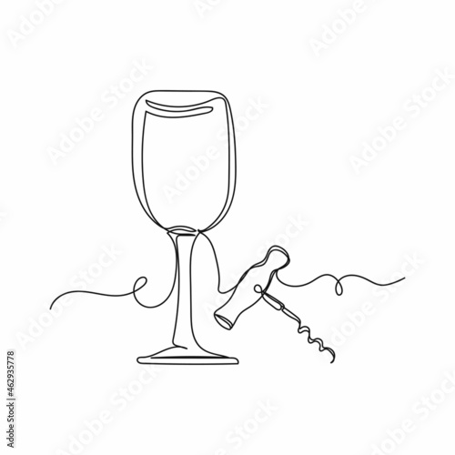 Continuous one line single wine with glass wine in silhouette on a white background. Linear stylized.