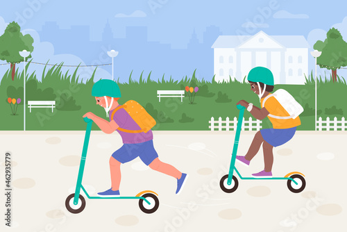 Kids play scooters in city park, sport outdoor activity vector illustration. Cartoon boy friend child characters playing kick scooter, children in safety helmets, friendship and childhood background