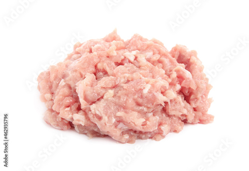 Pile of raw chicken minced meat on white background