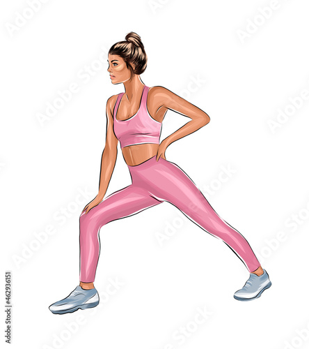 Fitness woman doing stretching exercises from multicolored paints. Splash of watercolor, colored drawing, realistic. Vector illustration of paints © Liliia