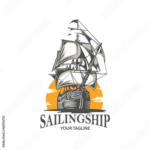 Vintage Sailing Ship Logo At Sunset Logo. Illustration on logo badge
