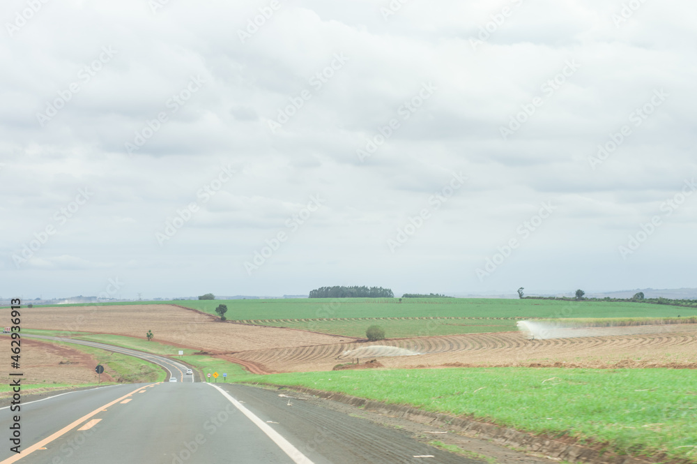 plantation with highway cutting through the scenery, splash of water wetting the planting and sky with rain clouds