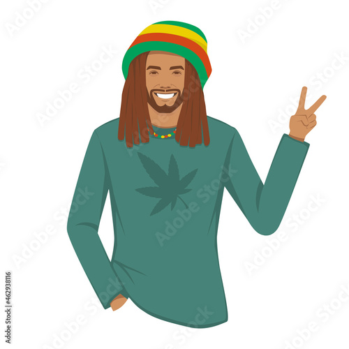 rastafarian man with dreadlocks, reggae music cartoon character vector illustration