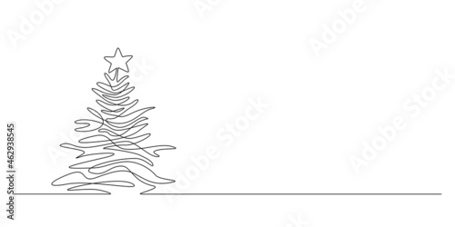 One continuous line drawing of Christmas tree with star on top. Pine plant in simple doodle style. Thin liner vector illustration