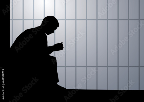 A man sits on a bench in prison. Vector drawing