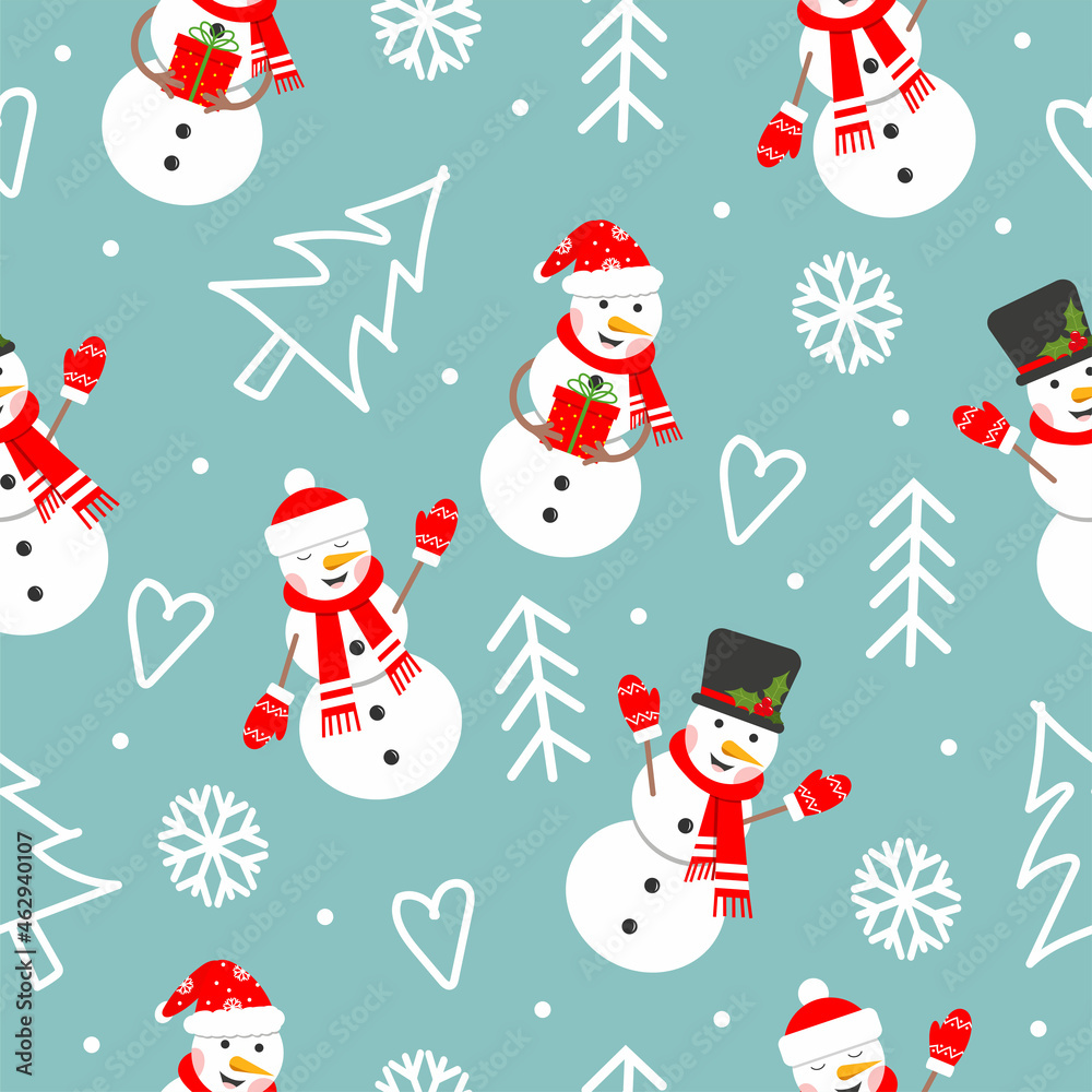 Seamless pattern with happy snowman, tree, snowflake. Symbol of the Christmas holidays, flat vector illustration