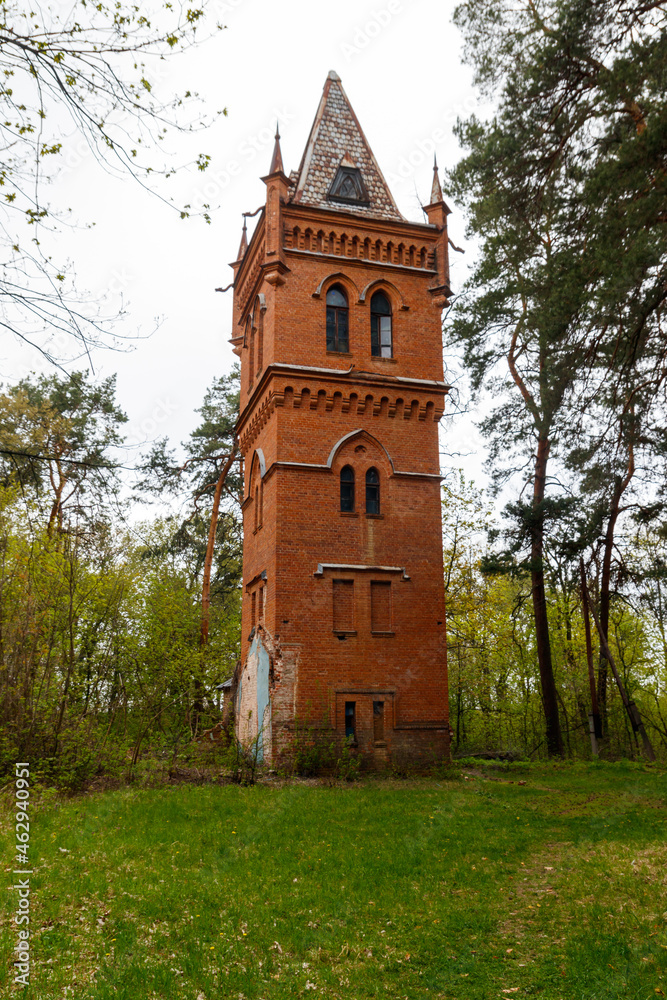 Old brick water tower in Natalyevka park in Kharkiv region, Ukraine