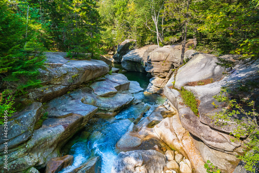 Fototapeta premium The Ammonoosuc river in a canyon among granite stones in the forest, flowing from Mount Washington in the White Mountain National Forest in New Hampshire