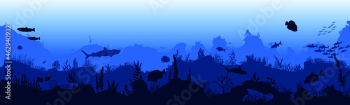 Silhouette of fish and algae on the background of the reefs. Panoramic wallpaper with the underwater world. Underwater landscape. vector