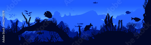 Silhouette of fish and algae on the background of the reefs. Panoramic wallpaper with the underwater world. Underwater landscape. vector