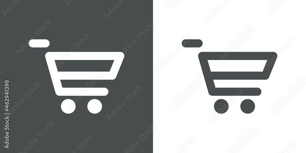 Logotipo con letra inicial E con forma de carrito de la compra en fondo gris y fondo blanco