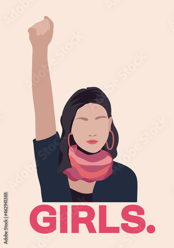 Feminist woman raised up clenched fist. Feminism concept design with girl power symbol. Flat vector illustration for International Women's day
